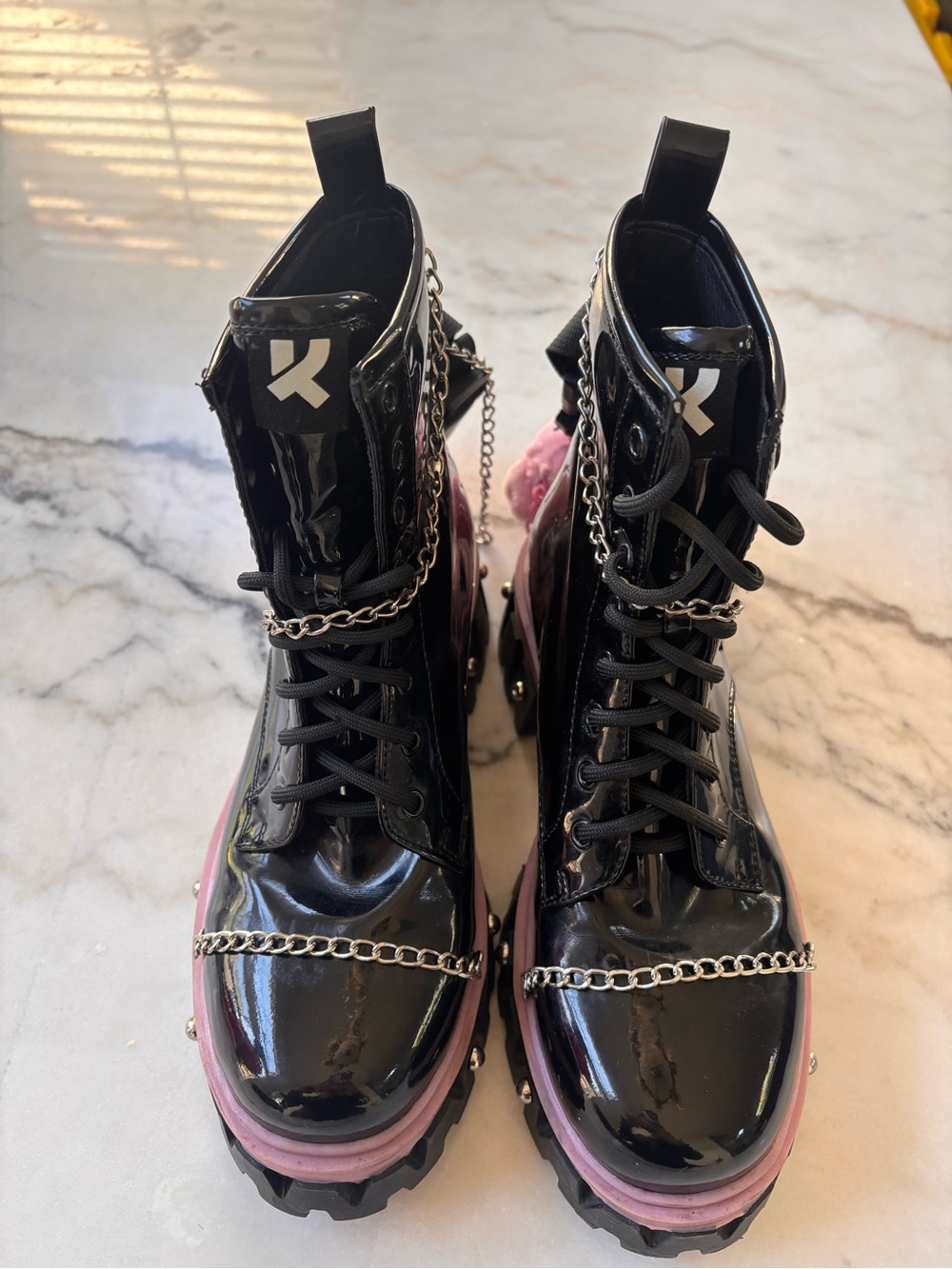 koi Glossy Black Combat Boots with Pink Platform and Chain Accents